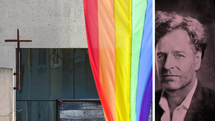 Kreuz und Regenbogenfahne