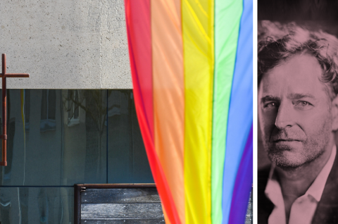 Kreuz und Regenbogenfahne