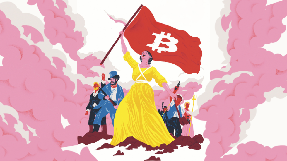 Anspielung auf Die Freiheit führt das Volk" von Eugène Delacroix. Die Flagge enthält ein Bitcoin-Symbol.